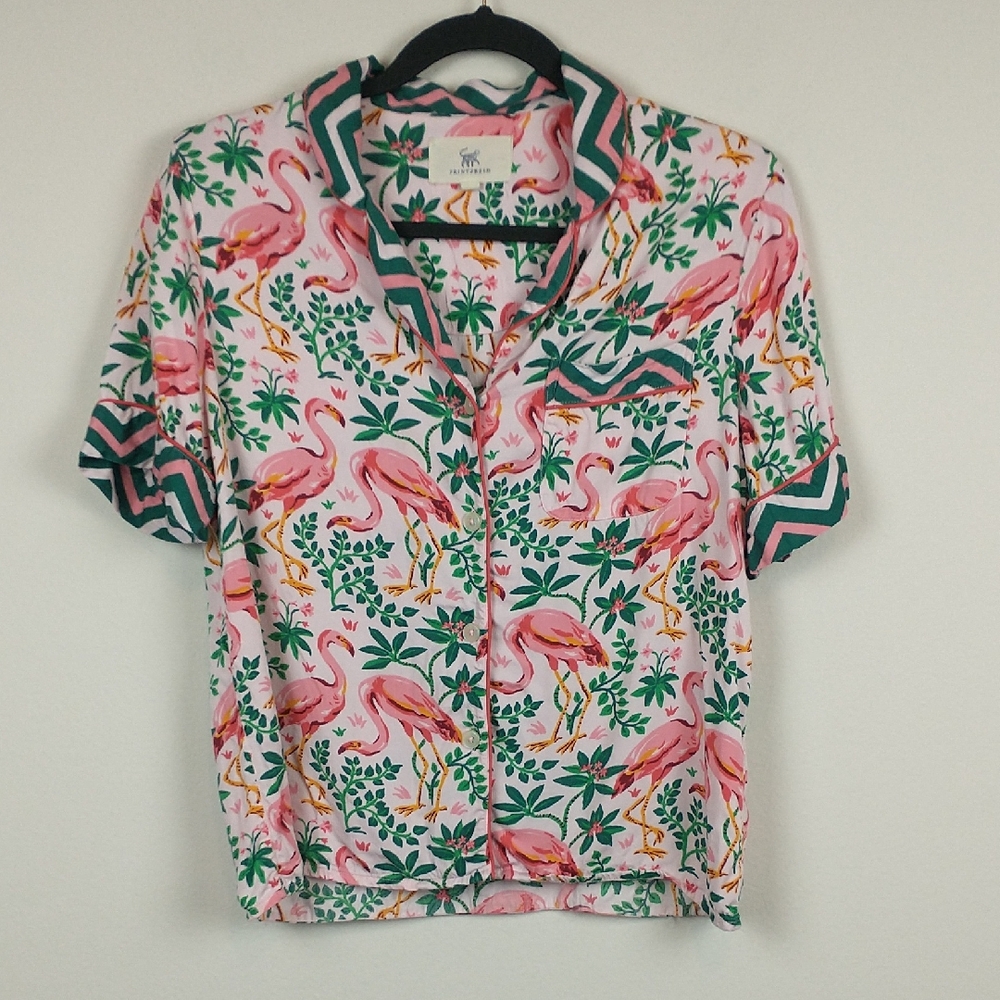 Printfresh Flock of Flamingos Pajama Top Womens XS Viscose Short Sleeve Button